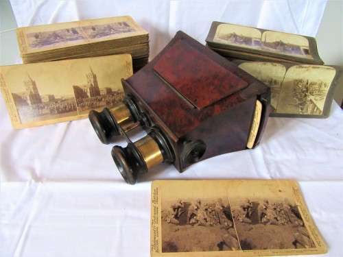 BOER WAR STEREOSCOPE WITH 76 BOER WAR CARDS, PLUS 49 WWI CARDS RARE!!!!!
