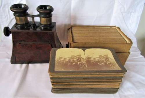 BOER WAR STEREOSCOPE WITH 76 BOER WAR CARDS, PLUS 49 WWI CARDS RARE!!!!!