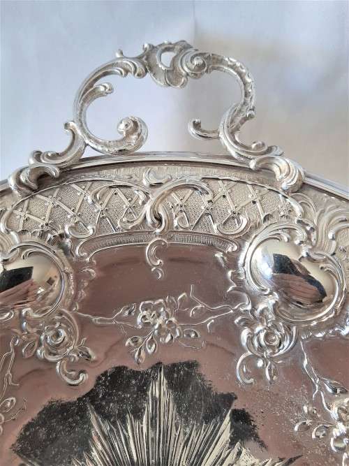 Large Silver Plated ornate handles fruit dish on stand, has been re-plated, no damages or cracks