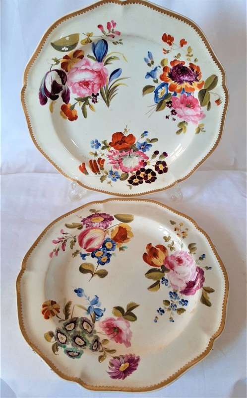 Pair C1820s Derby Hand painted Floral Plates with gilded scolloped rims, great antique condition.
