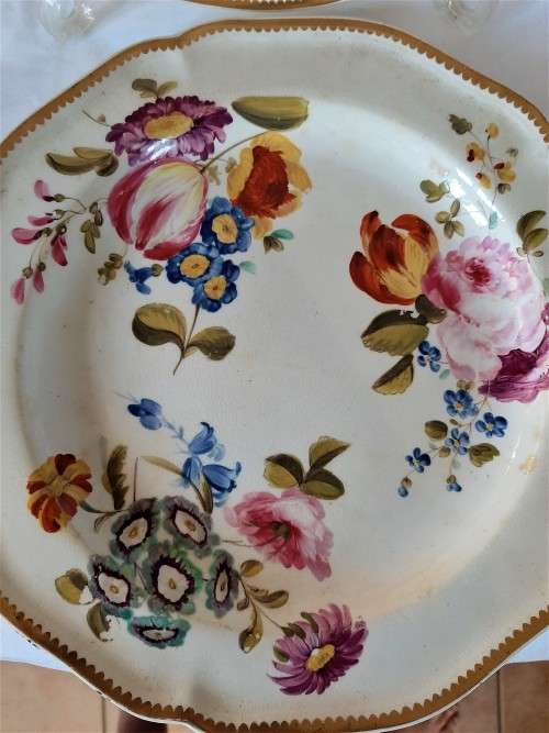 Pair C1820s Derby Hand painted Floral Plates with gilded scolloped rims, great antique condition.