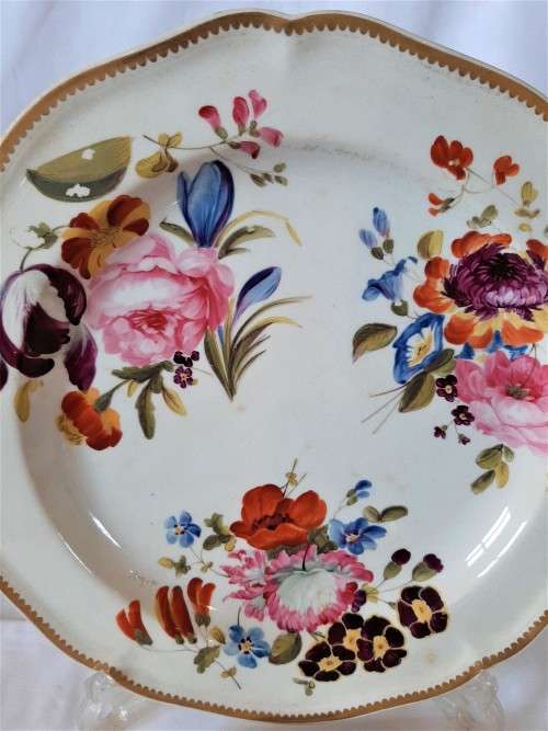 Pair C1820s Derby Hand painted Floral Plates with gilded scolloped rims, great antique condition.