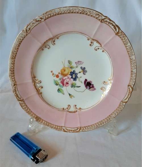 Stunning Antique Rockigham Cabinet Plate, Pink border, Handpainted Bouquet flowers c1830s
