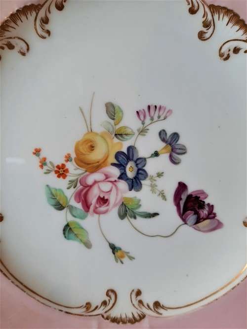 Stunning Antique Rockigham Cabinet Plate, Pink border, Handpainted Bouquet flowers c1830s