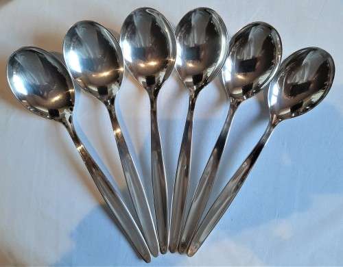 Nice set of 6 WMF German made cutlery soup style spoons, fully marked in good condition.