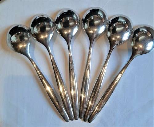 Set of 6 WMF German made SP cutlery soup style spoons, fully marked in good used condition.