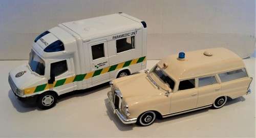 Two Die Cast Service vehicle Models of Ambulance. One is a Mercedes stationwagon + London Van VGC