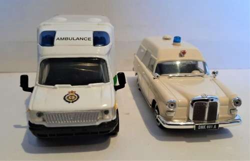 Two Die Cast Service vehicle Models of Ambulance. One is a Mercedes stationwagon + London Van VGC