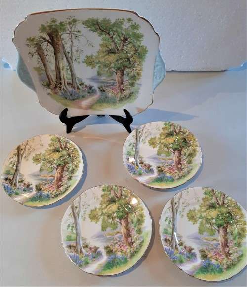 4 great vintage Shelley Trios plus cake plate in the Woodland Pattern, no damages.