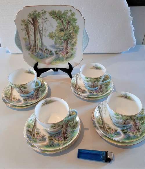 4 great vintage Shelley Trios plus cake plate in the Woodland Pattern, no damages.