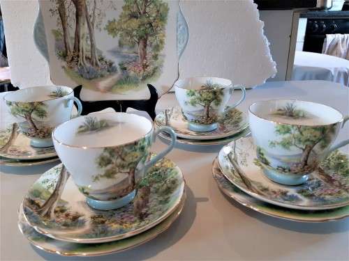 4 great vintage Shelley Trios plus cake plate in the Woodland Pattern, no damages.