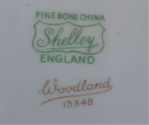 4 great vintage Shelley Trios plus cake plate in the Woodland Pattern, no damages.