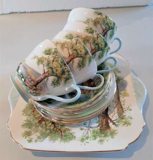 4 great vintage Shelley Trios plus cake plate in the Woodland Pattern, no damages.