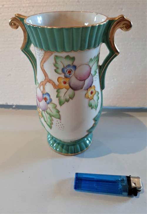 Stunning Art Deco era Crown Devon enamel flowers gilt handle vase in excellent condition