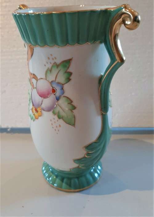 Stunning Art Deco era Crown Devon enamel flowers gilt handle vase in excellent condition