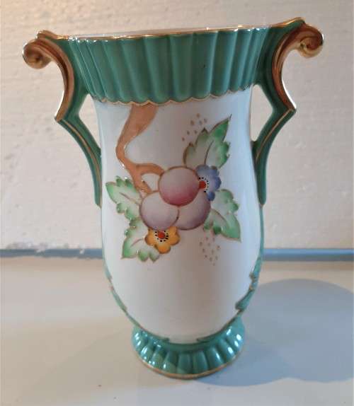 Stunning Art Deco era Crown Devon enamel flowers gilt handle vase in excellent condition