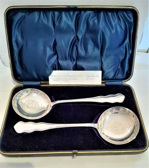 Stunning Boxed pair of Large Bright Cut Antique SP Spoons in excellent condition WOW!!!
