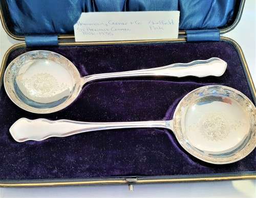 Stunning Boxed pair of Large Bright Cut Antique SP Spoons in excellent condition WOW!!!