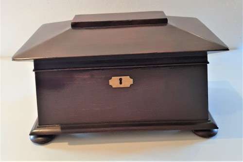 Antique Sarcophagus Flame Mahogany Tea Caddy, original flap lid containers + added Waterford mixer