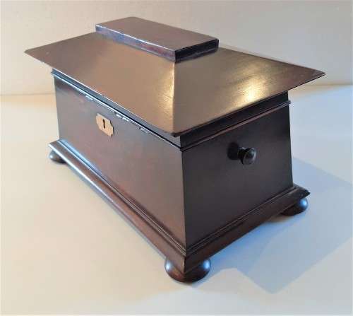 Antique Sarcophagus Flame Mahogany Tea Caddy, original flap lid containers + added Waterford mixer