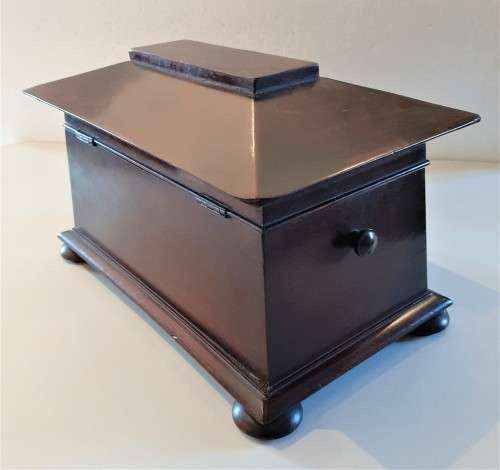 Antique Sarcophagus Flame Mahogany Tea Caddy, original flap lid containers + added Waterford mixer