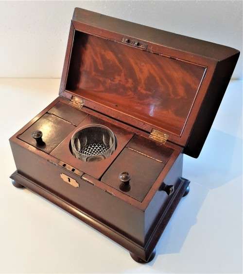Antique Sarcophagus Flame Mahogany Tea Caddy, original flap lid containers + added Waterford mixer