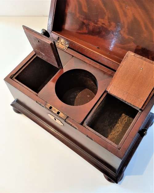 Antique Sarcophagus Flame Mahogany Tea Caddy, original flap lid containers + added Waterford mixer