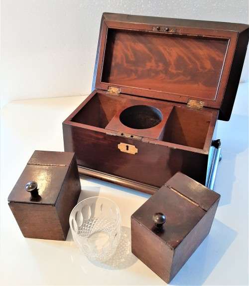 Antique Sarcophagus Flame Mahogany Tea Caddy, original flap lid containers + added Waterford mixer