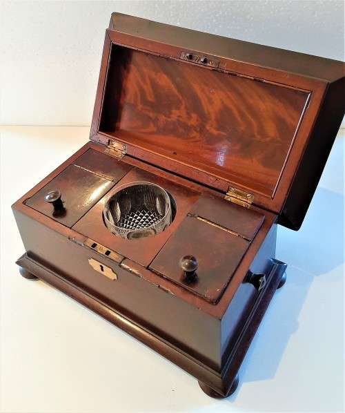 Antique Sarcophagus Flame Mahogany Tea Caddy, original flap lid containers + added Waterford mixer