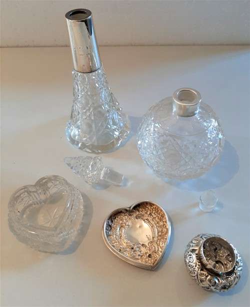 3 Lovely Antique Sterling Silver Top Scent bottles, pin tray, all for one bid. NOT SOLD AS SCRAP!!!