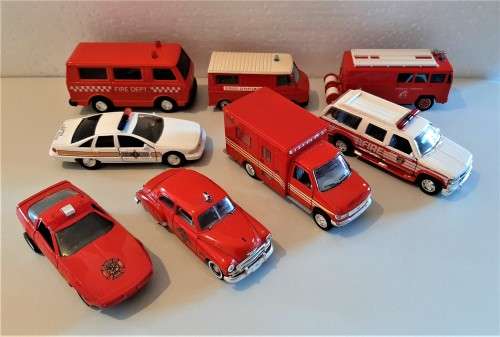 Selection of larger DIE CAST Service Fire and Police model vehicles, one friction van included. VGC