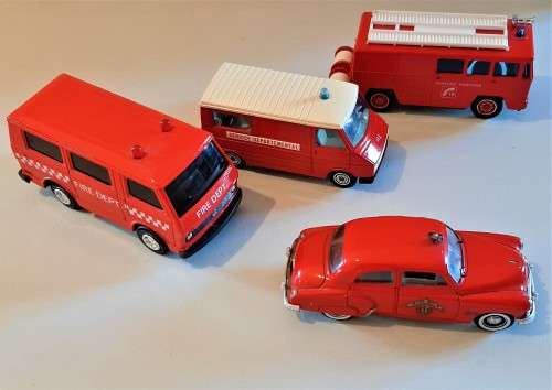 Selection of larger DIE CAST Service Fire and Police model vehicles, one friction van included. VGC