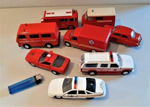 Selection of larger DIE CAST Service Fire and Police model vehicles, one friction van included. VGC
