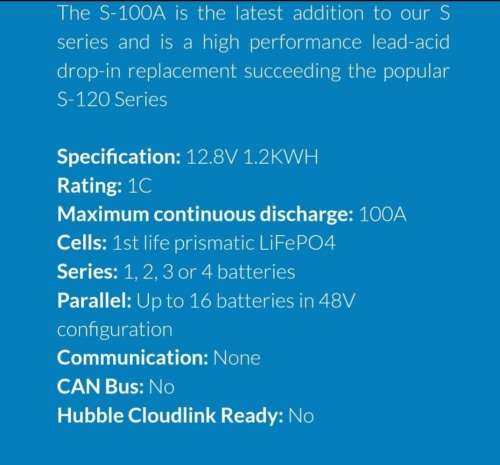 Hubble S-100A 1.2kWh 12V 100Ah Lithium Ion LiFePO4 Battery (FIRST LIFE CELLS)