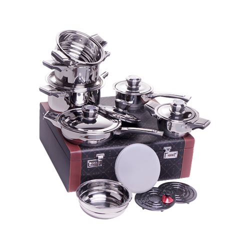 (23,500.00) SwissLine (Switzerland) 16-Piece Stainless Steel Cookware Set - In a Leather Briefcase