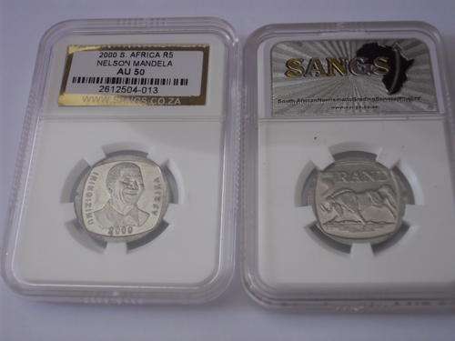 *** VERY RARE*** 2 x 2000 S. AFRICA R5 NELSON MANDELA AU 50 ***