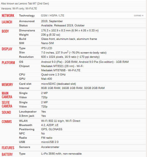 Lenovo Tab M7 LTE