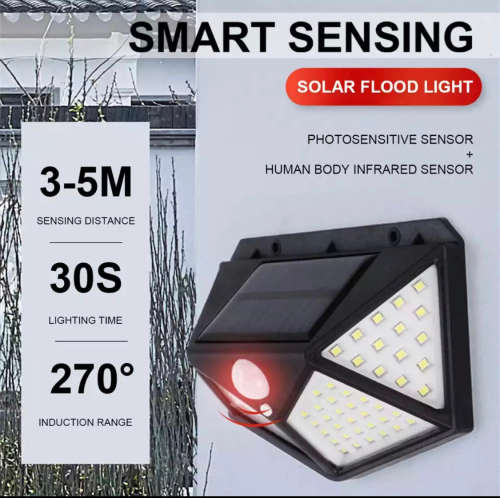 Solar LED Outdoor Garden Lamp Human Body Induction Wall Lamps Four Sides 100LED Charging Home Decor