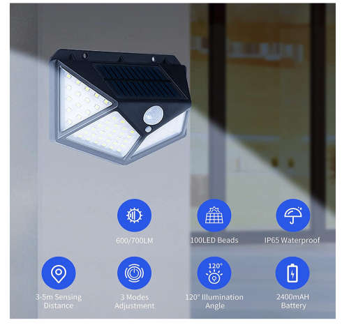 Solar LED Outdoor Garden Lamp Human Body Induction Wall Lamps Four Sides 100LED Charging Home Decor