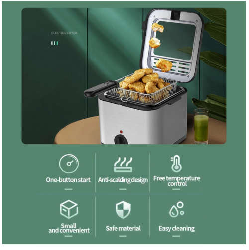 Electric Fryer 2.5L 1000W Stainless Steel Filter Adjustable Temperature and Overheat Protection Deep