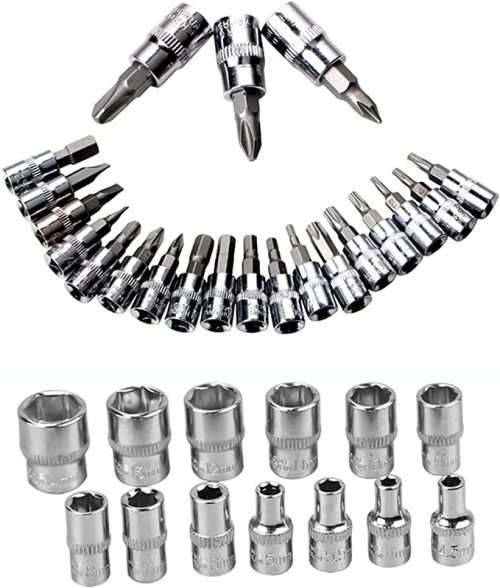 46 Pcs 1/4 Drive Socket Ratchet Wrench Set with Storage Case, Includes Metric Bit Socket Set and Ex