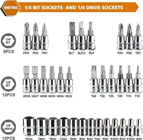 46 Pcs 1/4 Drive Socket Ratchet Wrench Set with Storage Case, Includes Metric Bit Socket Set and Ex