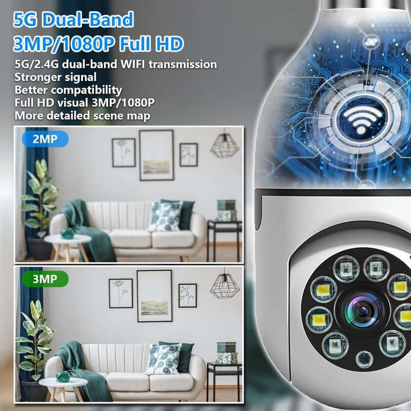 Light Bulb Type Wireless Security Camera 360° Panoramic 2-Way Talk WiFi Camera White