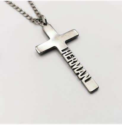 Custom Cross Cutout Name Necklace - Can engrave 8 letters