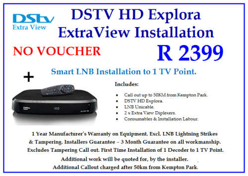Buy 1 DSTV HD Explora Decoder Extra View Installation  NO VOUCHER, to 1 TV point.