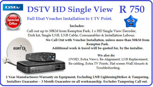 First Time Installation, 1 DSTV HD Single View Decoder, to 1 TV Point - With Voucher