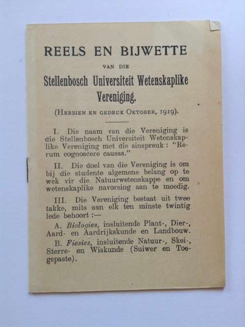 Reels en Bijwette van die Stellenbosch Universiteit. Wetenskaplike Vereniging Oktober, 1919