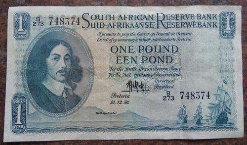 South African One Pound Note 21.12.56  MH de Kock
