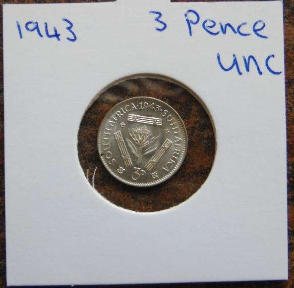 1943 3 Pence Silver **Uncirculated**  Value - R575.00