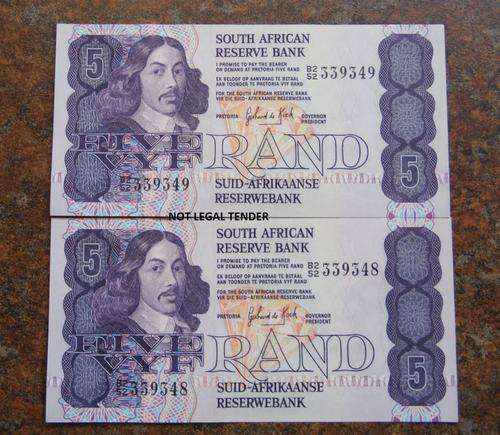 G P C De Kock R5 Bank Notes **  AU/EF   ** In Sequence